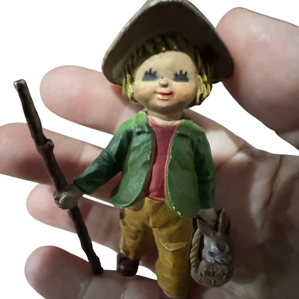 Vintage Hong‎ Kong Boy Figurine Ornament Hiker with Bunny Basket Walking Stick